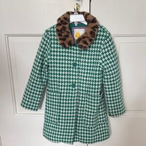 Mini Boden,Stylish Green Houndstooth Kids Coat with Faux Fur Collar, Size 5-6.